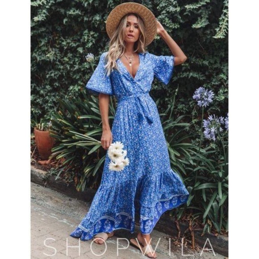 Bohemian Floral Print Maxi Dress Green Gypsy - Picture 6 of 8